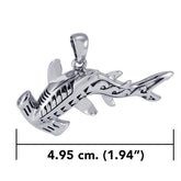 Hammerhead Shark with Wave Designs Engrave into Body Silver Pendant TPD6103 - DiveSilver Jewelry